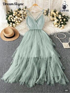 SHEIN Sage Green Layered Tulle High-Low Dress with Crisscross Straps